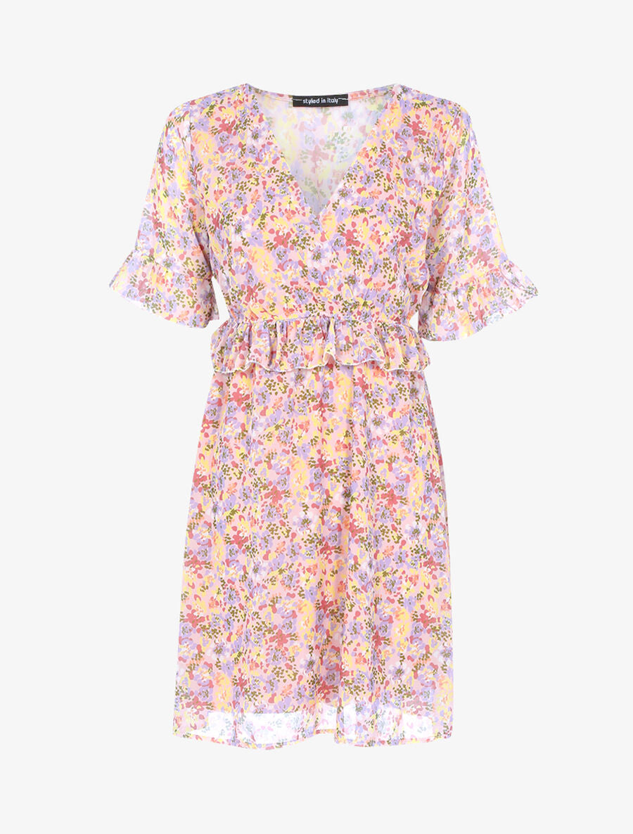Robe fleurie à taille volantée - Rose - 1