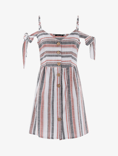 Robe en lin mélangé épaules à nouer - Rouge/noir/blanc - 1