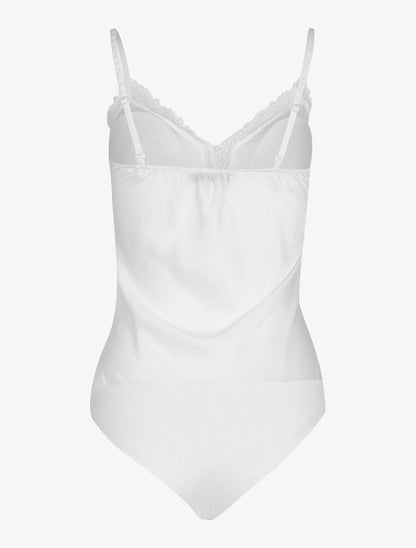 Body satiné ventre ajouré dentelle - Blanc - 2