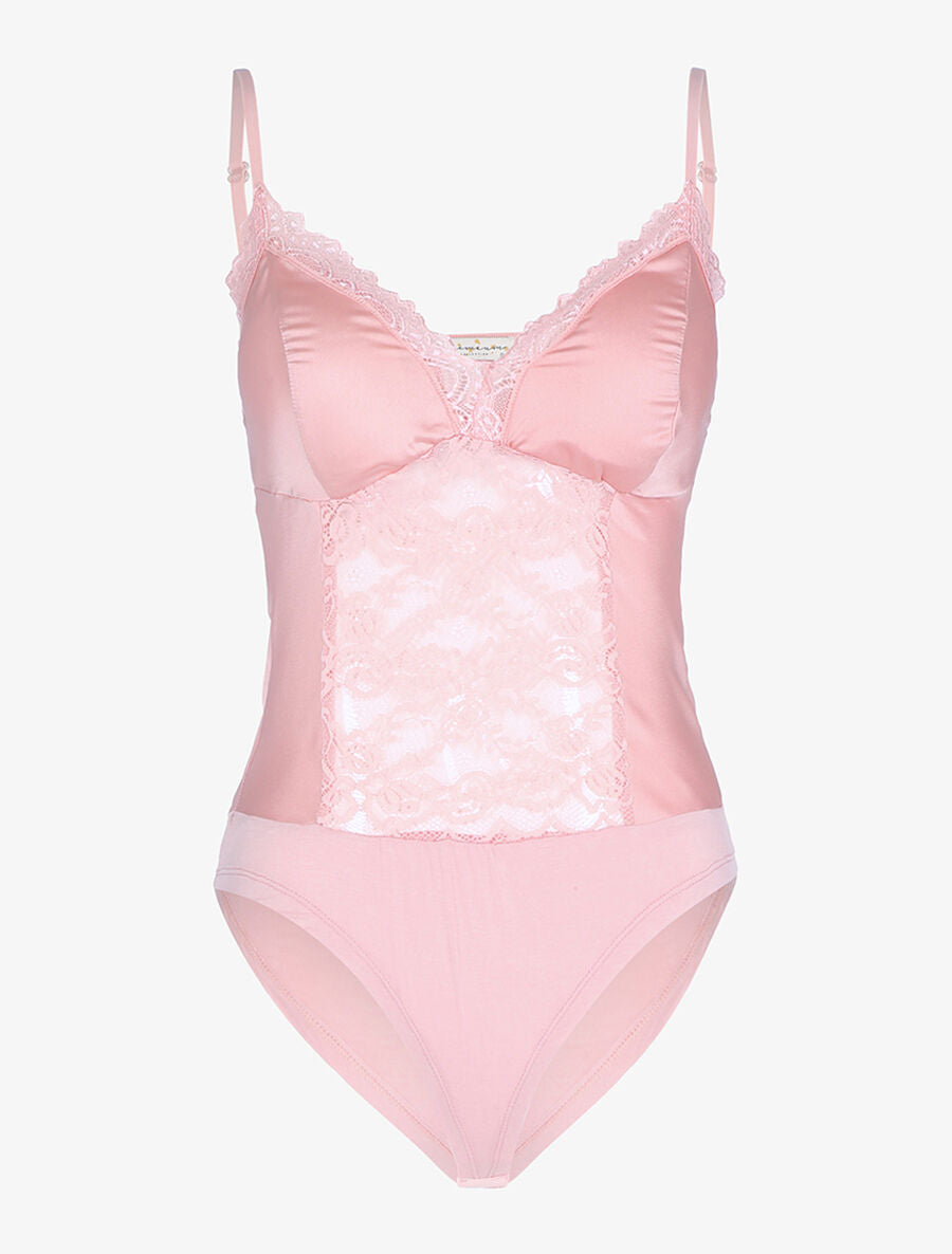 Body satiné ventre ajouré dentelle - Rose orange - 1
