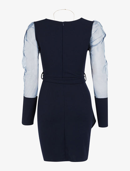 Robe à manches gigot en tulle - Marine - 2