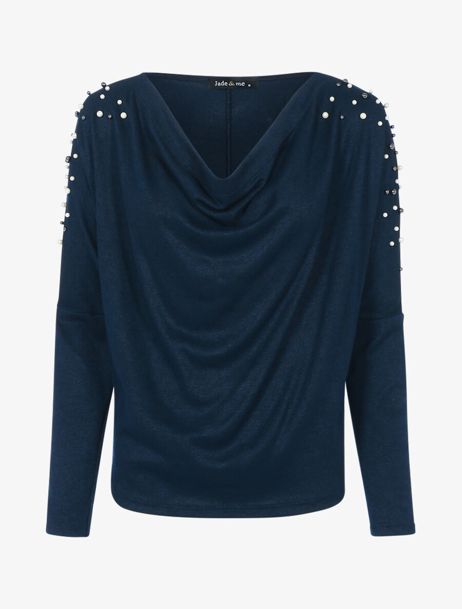 Pull fin bénitier à épaules perlées - Bleu nuit - 1