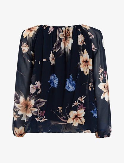 Blouse fleurie à encolure élastiquée - Marine - 2