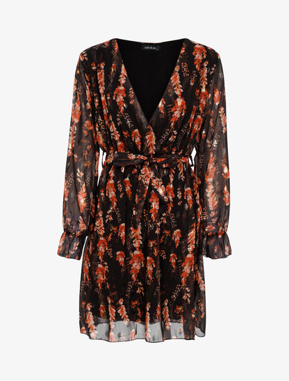 Robe fleurie à coeur-croisé échancré - Noir - 1