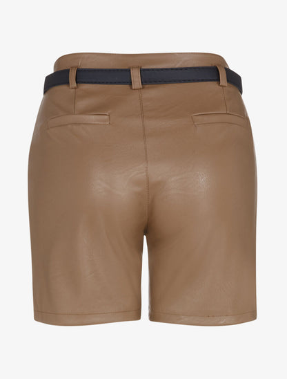 Short en simili à taille haute - Camel - 2