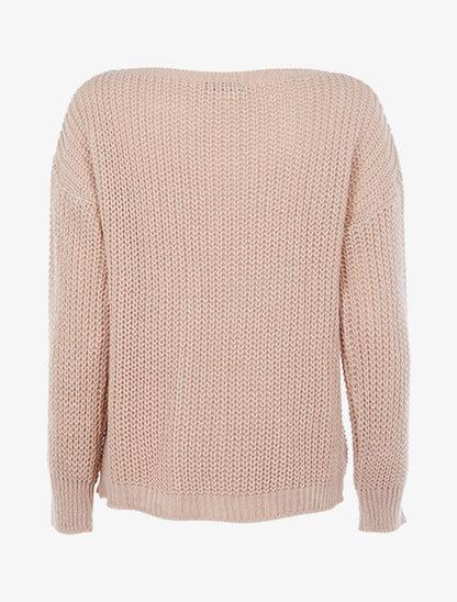 Pull en grosse maille à V doré - Vieux rose - 2