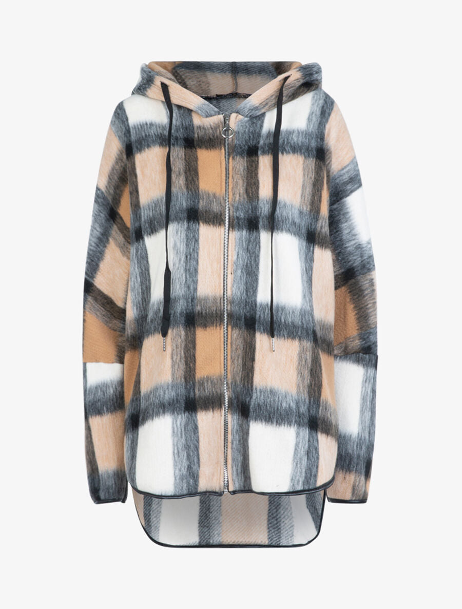 Manteau imprimé tartan à capuche - Camel - 3