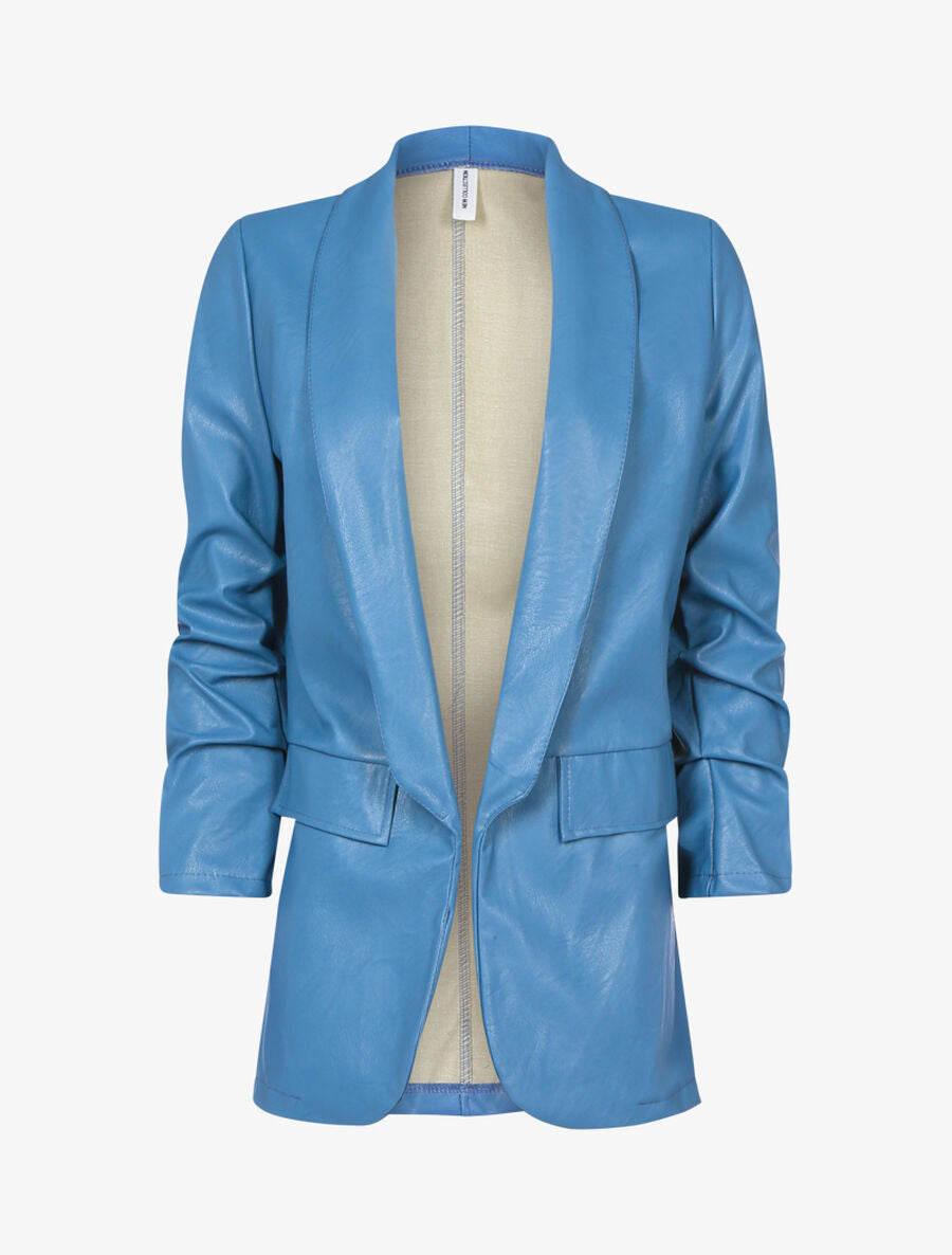 Veste ample en simili à manches froncées - Bleu - 1