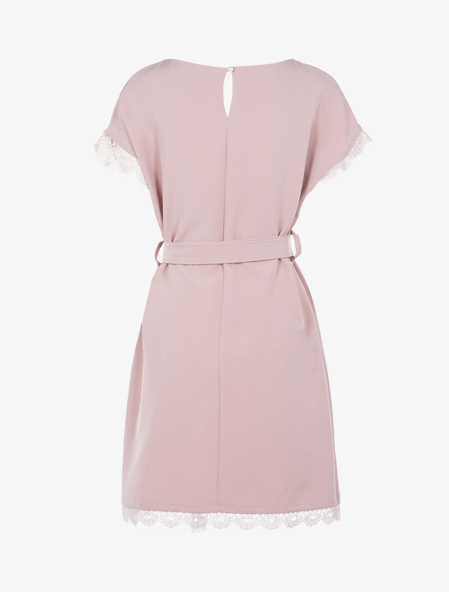 Robe ceinturée à bords dentelle - Rose - 2