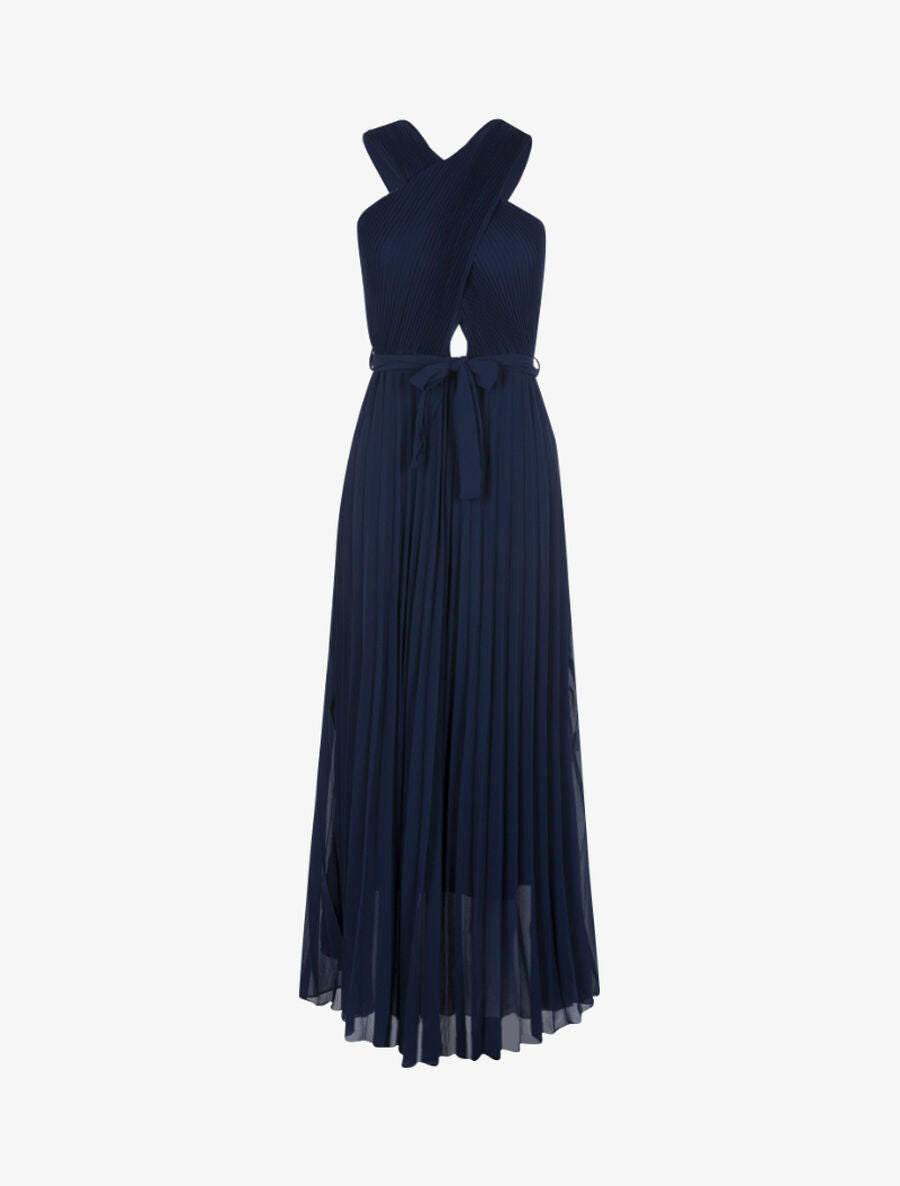 Robe longue gaufrée à bretelles croisées - Marine - 1