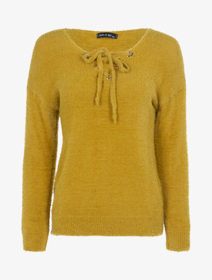 Pull en pilou à encolure lacée - Jaune - 1