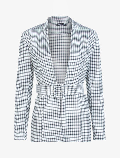 Blazer ceinturé à petits carreaux - Noir - 1
