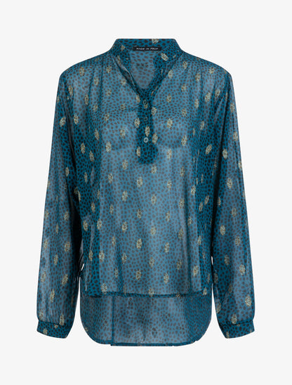 Blouse en voile à imprimé tacheté et feuilles - Bleu pétrole - 1