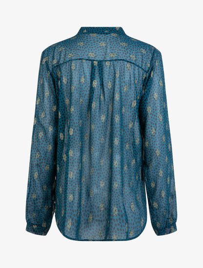 Blouse en voile à imprimé tacheté et feuilles - Bleu pétrole - 2