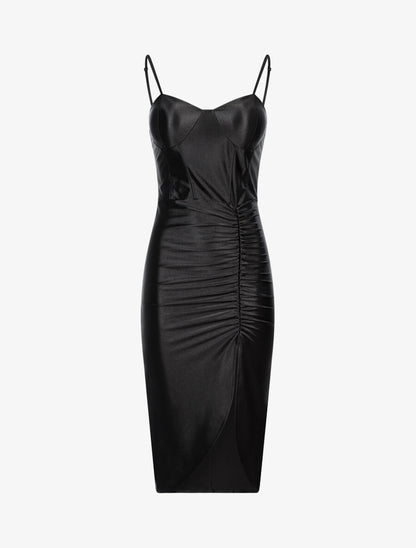 Robe satinée échancrée à plis - Noir - 1