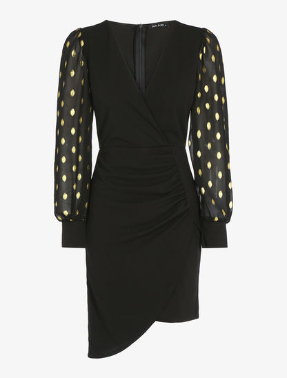 Robe plissée à manches floquées - Noir - 1