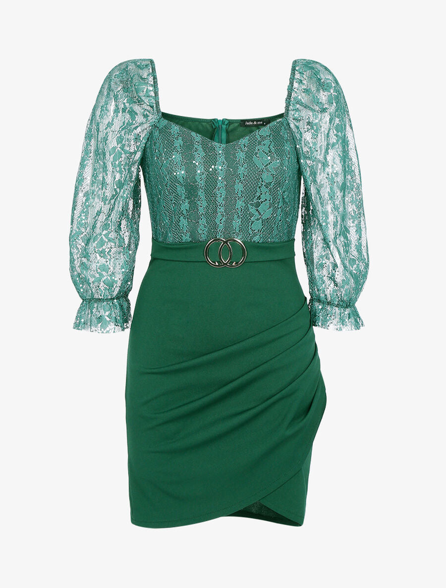Robe en dentelle et sequins - Vert - 1