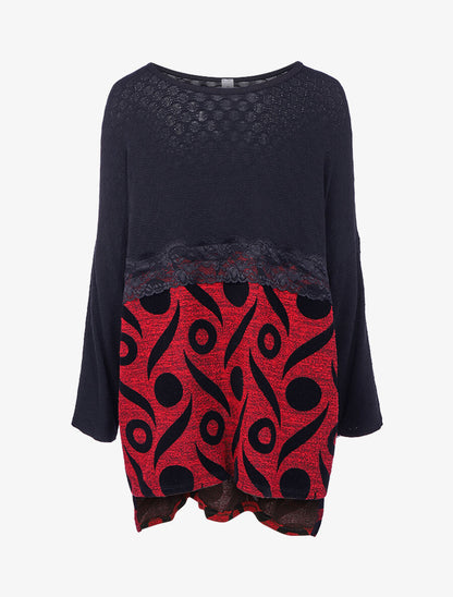 Pull style tunique à flocages stylisés - Noir/rouge - 1