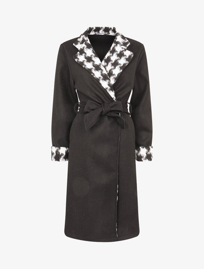 Veste longue à revers imprimé pied de poule - Noir - 1