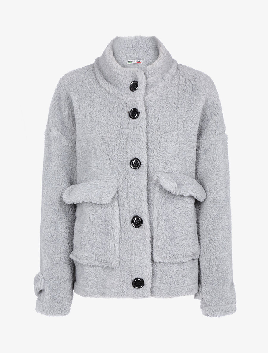 Manteau duveteux à boutons - Gris clair - 1