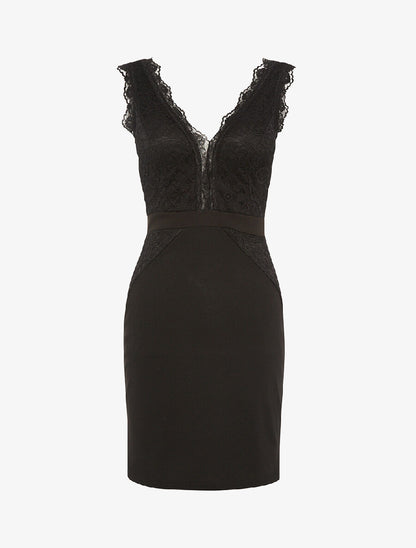 Robe encolure V dentelle - noir - 1