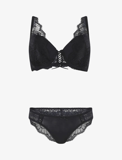 Ensemble push up en dentelle à détail noeud - Noir - 1