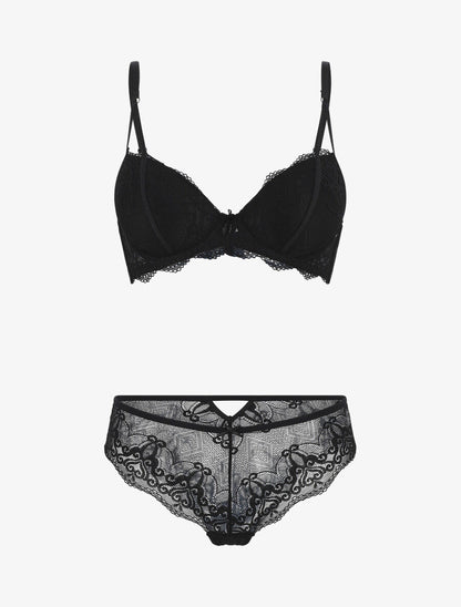 Ensemble push up en dentelle fantaisie - Noir - 1