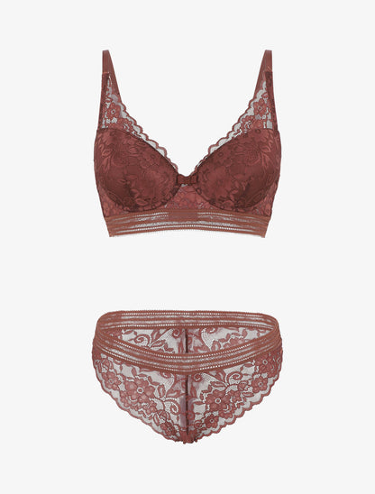 Ensemble emboitant en dentelle motif floral - Marron - 2