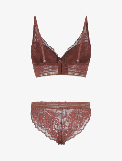 Ensemble emboitant en dentelle motif floral - Marron - 3