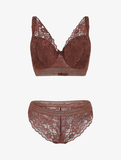 Ensemble push up uni en dentelle - Marron - 1