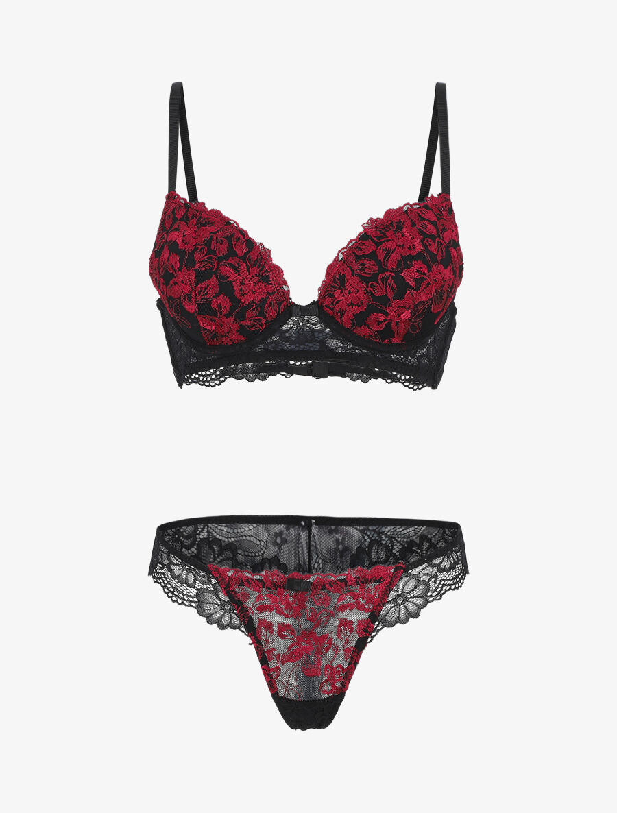 Ensemble push up bande en dentelle à motif fleurs - Noir - 2