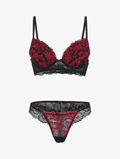 Ensemble push up bande en dentelle à motif fleurs - Noir - 2