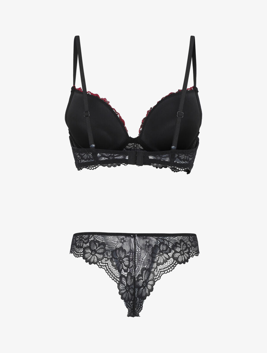 Ensemble push up bande en dentelle à motif fleurs - Noir - 3