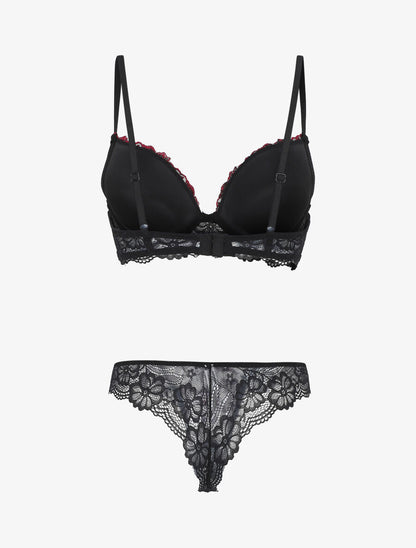 Ensemble push up bande en dentelle à motif fleurs - Noir - 3