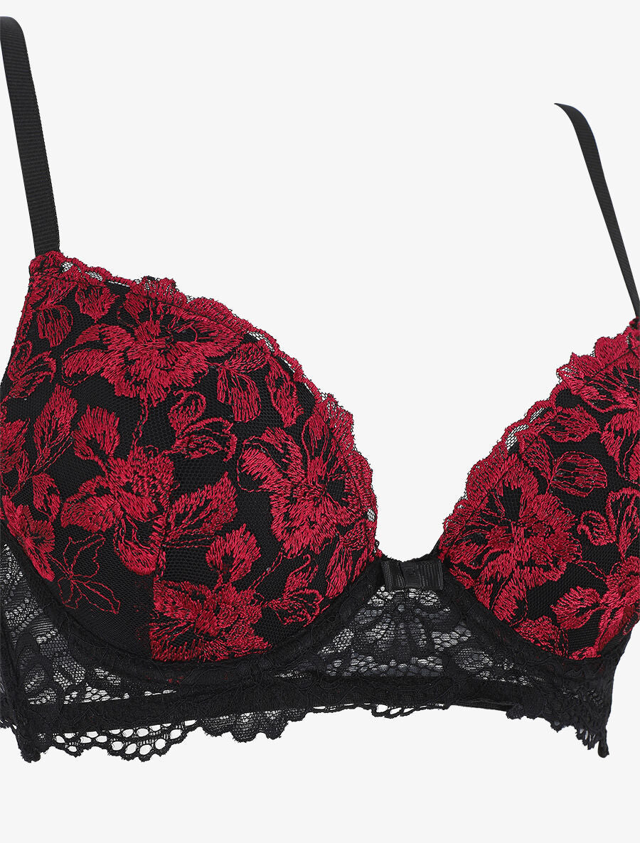 Ensemble push up bande en dentelle à motif fleurs - Noir - 4