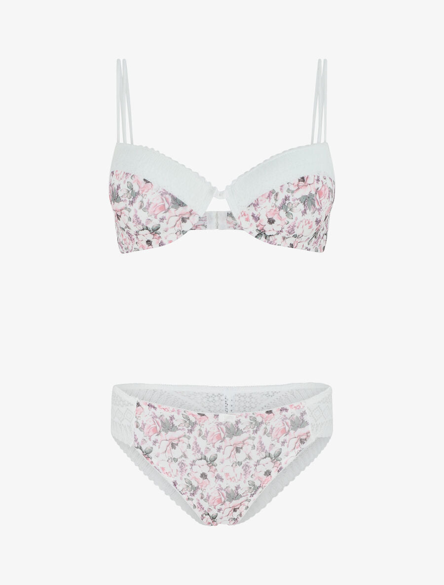 Ensemble push up imprimé fleuri et dentelle - Blanc - 2