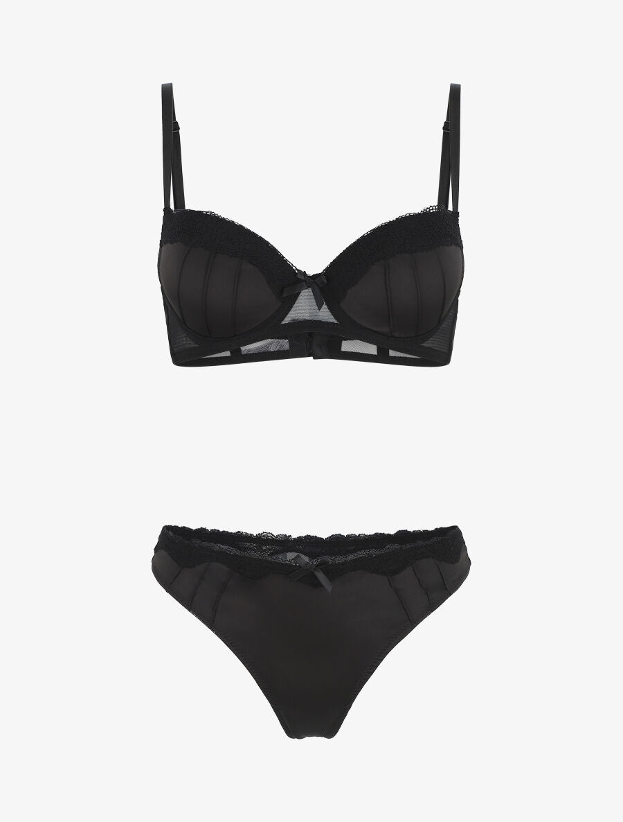 Ensemble push up en dentelle effet satiné - Noir - 2