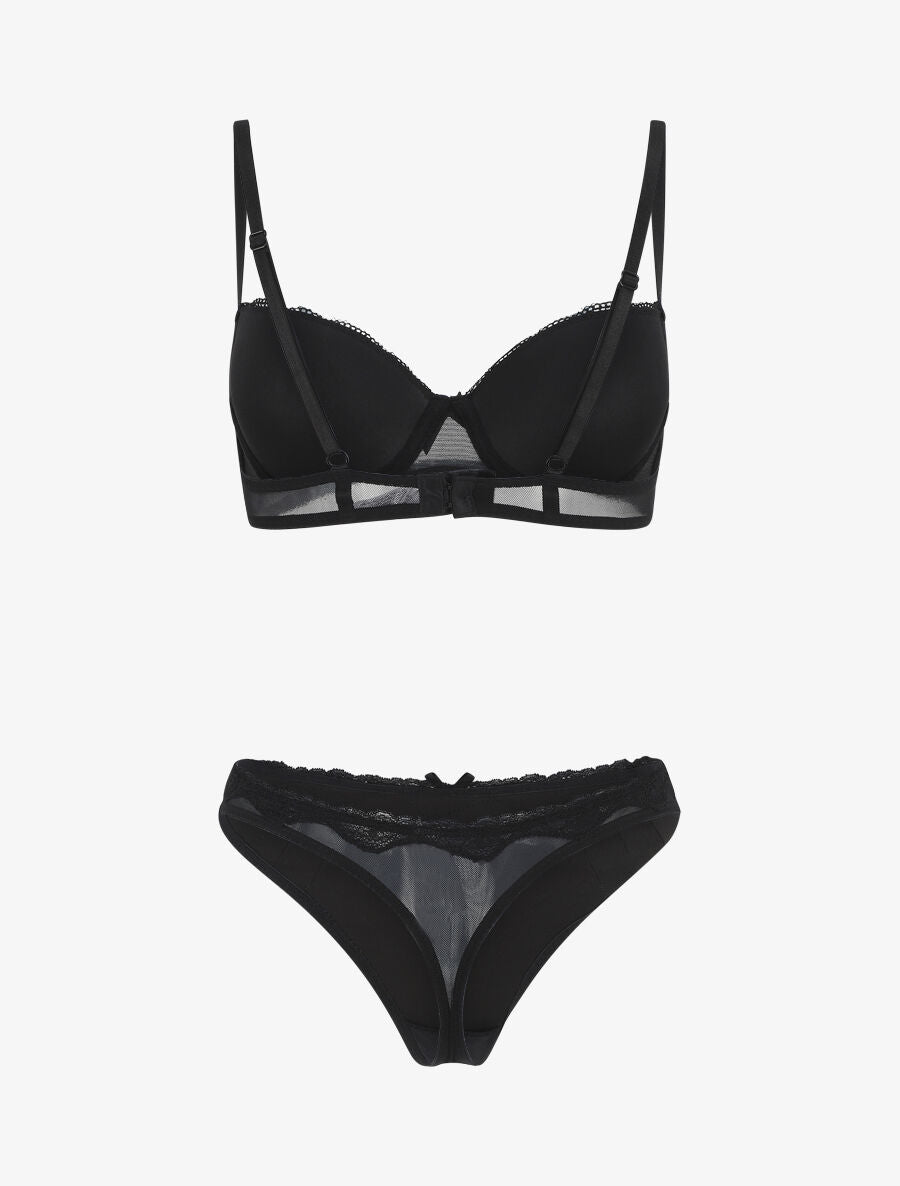 Ensemble push up en dentelle effet satiné - Noir - 3