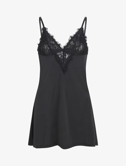 Robe nuisette unie et haut en dentelle - Noir - 1