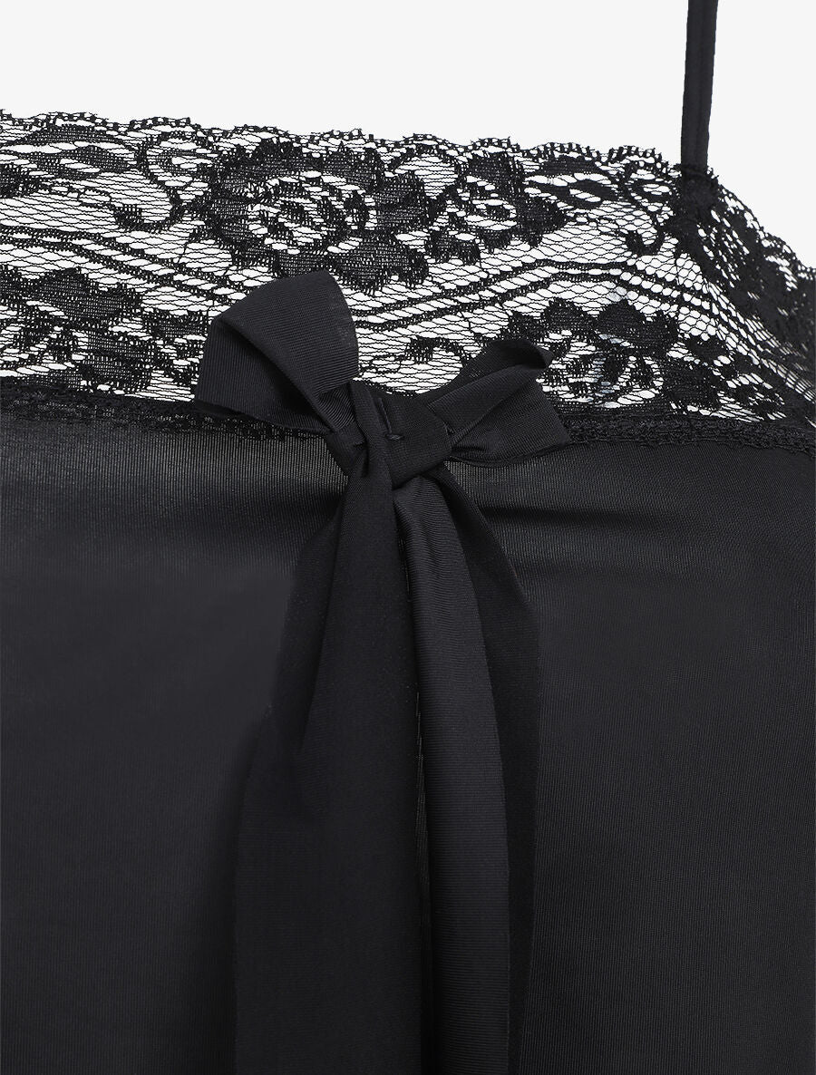 Ensemble pyjama à détail dentelle et noeud - Noir - 3