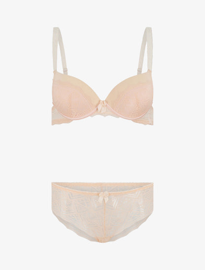 Ensemble push up en dentelle et noeud - Beige - 5