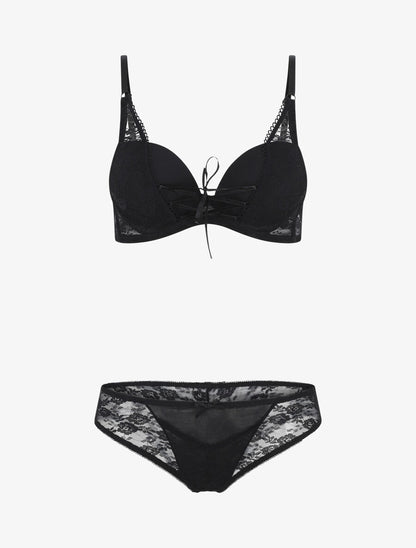 Ensemble push up en dentelle et liens à nouer - Noir - 2
