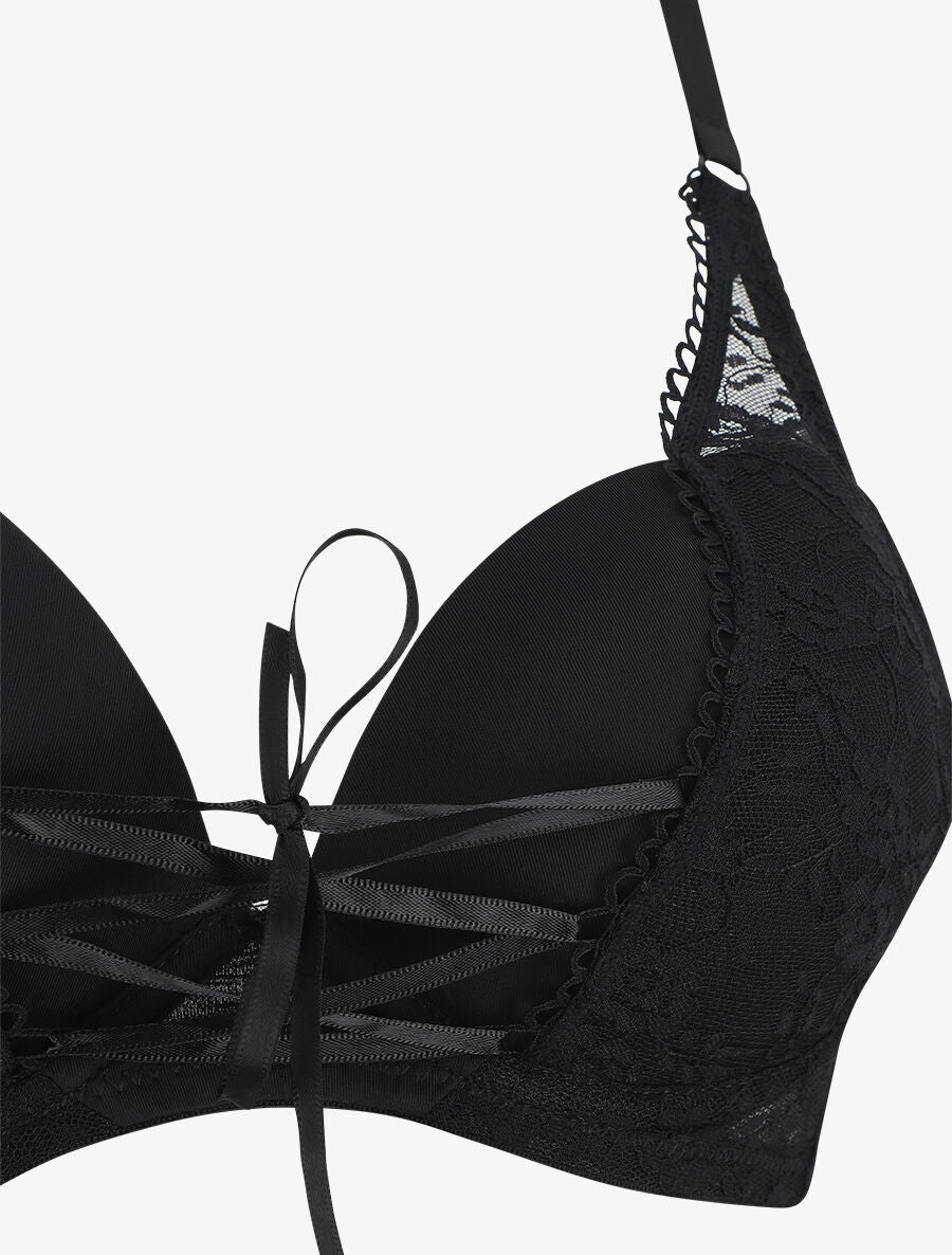 Ensemble push up en dentelle et liens à nouer - Noir - 4