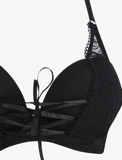 Ensemble push up en dentelle et liens à nouer - Noir - 4