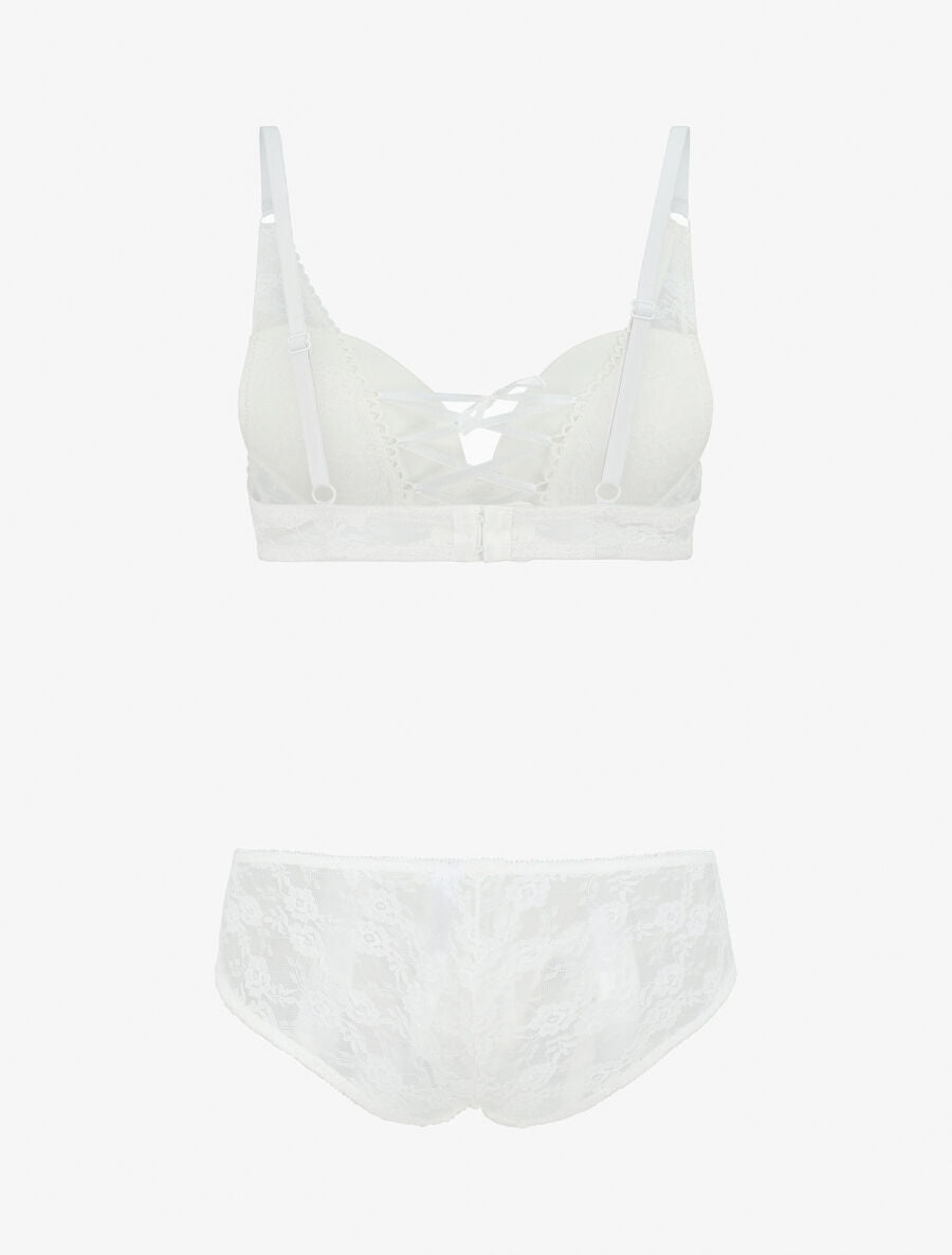 Ensemble push up en dentelle et liens à nouer - Blanc - 3
