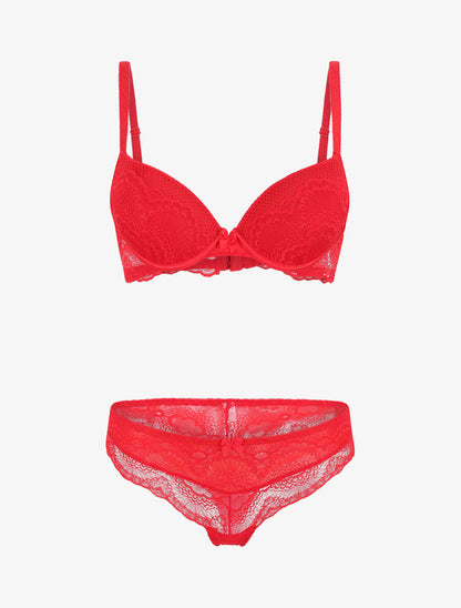 Ensemble push up à motif floral et dentelle - Rouge - 5