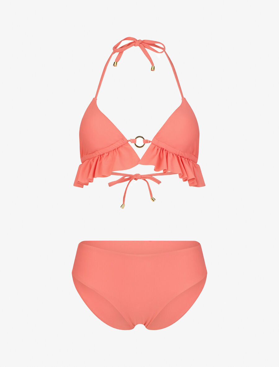 Bikini triangle uni à détail bijoux - Corail - 4