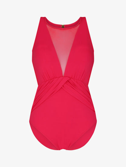 Maillot de bain une pièce à empiècements en résille - Rouge cerise - 1