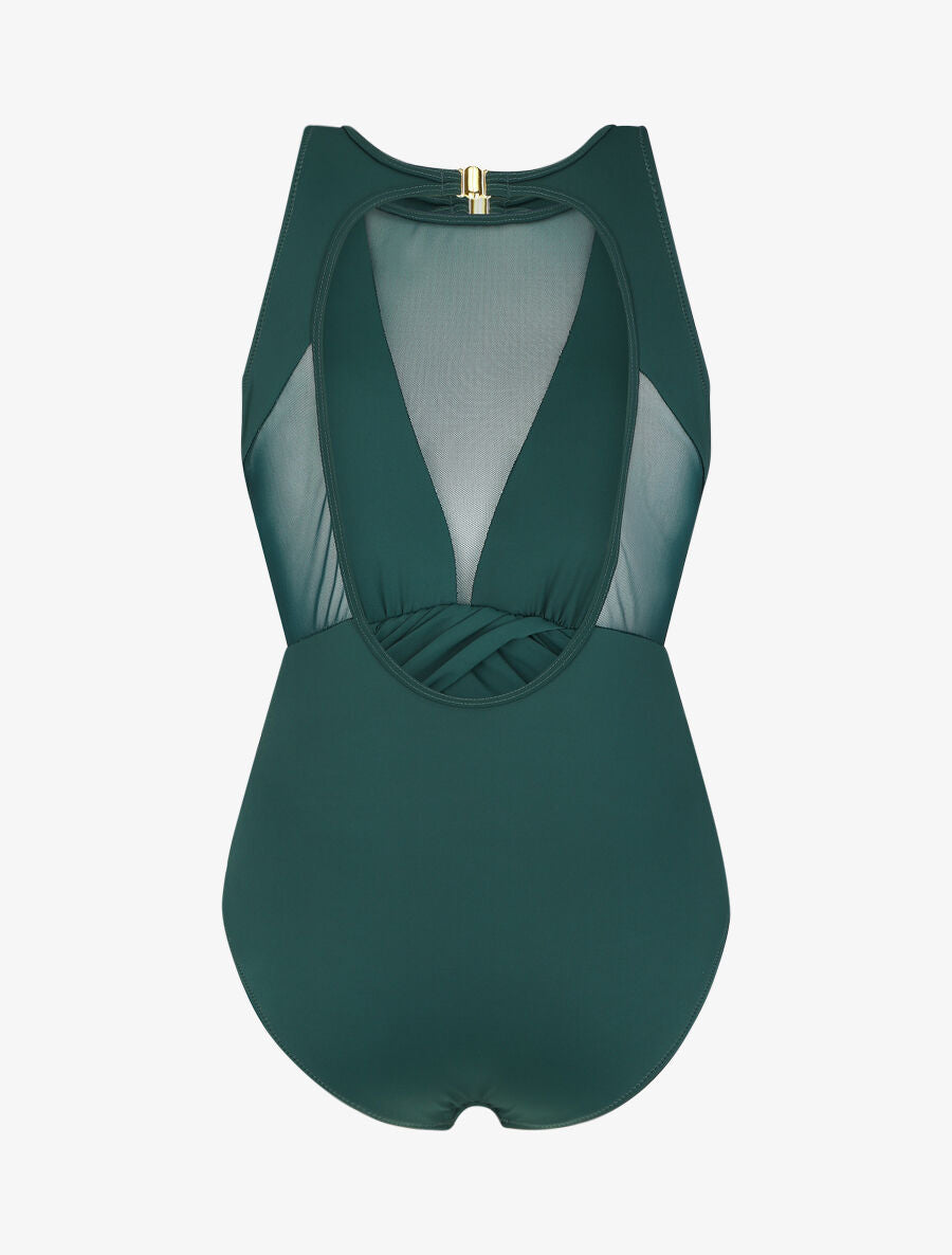 Maillot de bain une pièce à empiècements en résille - Vert sapin - 4