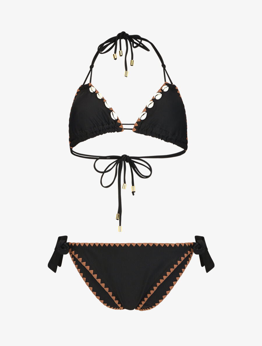 Bikini triangle uni à détail coquillages - Noir - 5